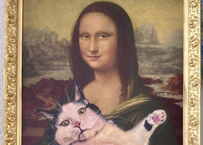 Shelley's Mona Lisa with a cat silent art auction painting project for Island Cat Rescue