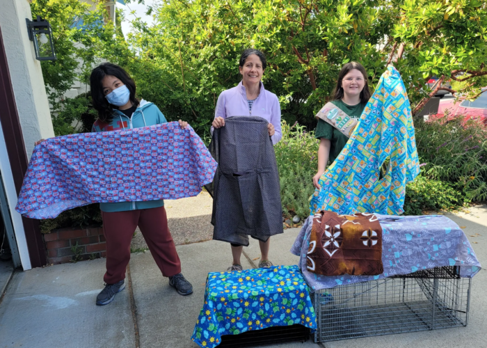 Girl scouts showing off their silver award TNR trap covers project to help feral cats