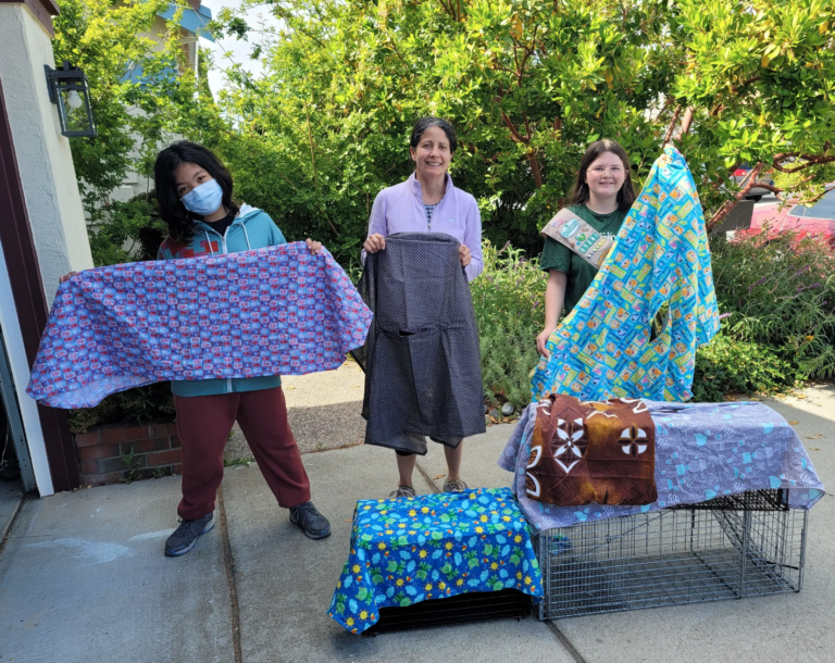 Girl scouts showing off their silver award TNR trap covers project to help feral cats