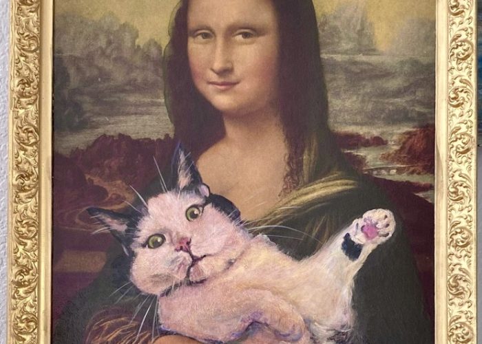 Shelley's Mona Lisa with a cat silent art auction painting project for Island Cat Rescue